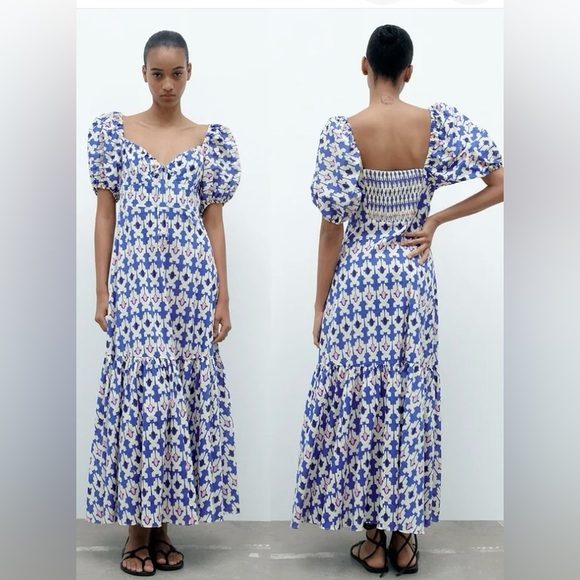 Zara Dresses & Skirts - Zara Moroccan tile printed blue dress with balloon sleeves -XL